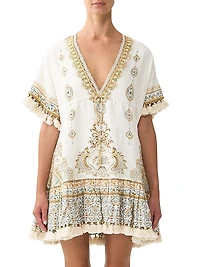 Embroidered V-Neck Linen Minidress