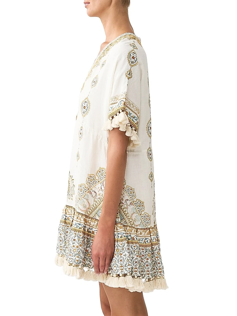 Embroidered V-Neck Linen Minidress