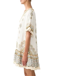 Embroidered V-Neck Linen Minidress