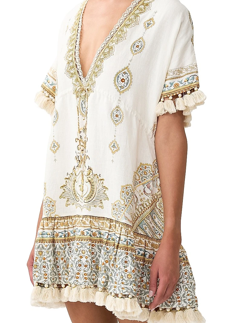 Embroidered V-Neck Linen Minidress