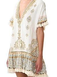 Embroidered V-Neck Linen Minidress