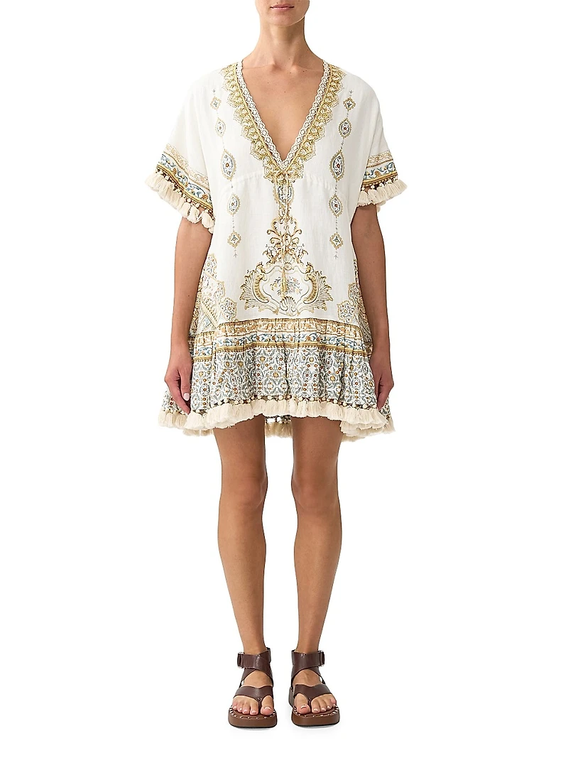 Embroidered V-Neck Linen Minidress