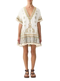 Embroidered V-Neck Linen Minidress