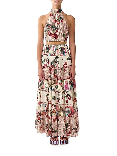 Cherry-Print Silk Halterneck Crop Top
