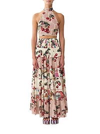 Cherry-Print Silk Halterneck Crop Top