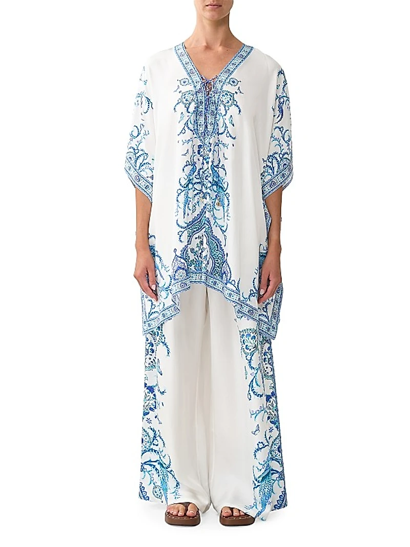 Lace-Up Printed Silk Kaftan