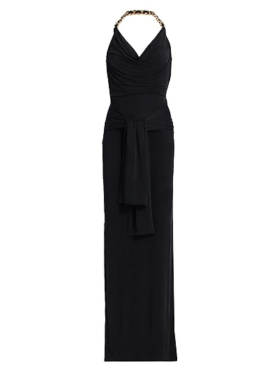 Chain Strap Tie-Waist Halter Gown