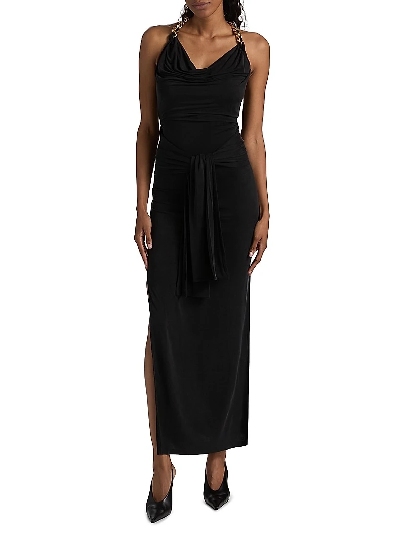 Chain Strap Tie-Waist Halter Gown