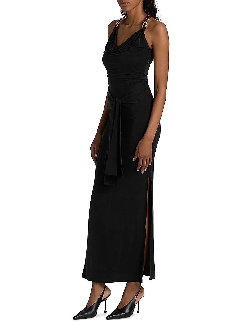 Chain Strap Tie-Waist Halter Gown