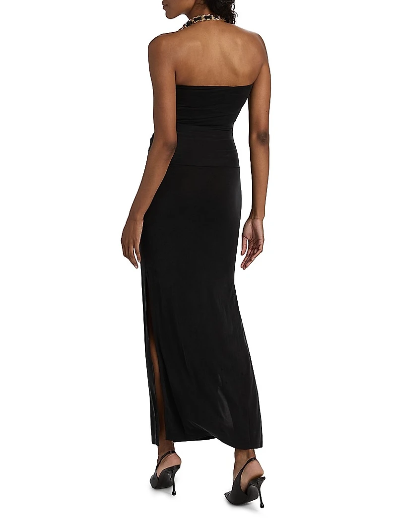 Chain Strap Tie-Waist Halter Gown