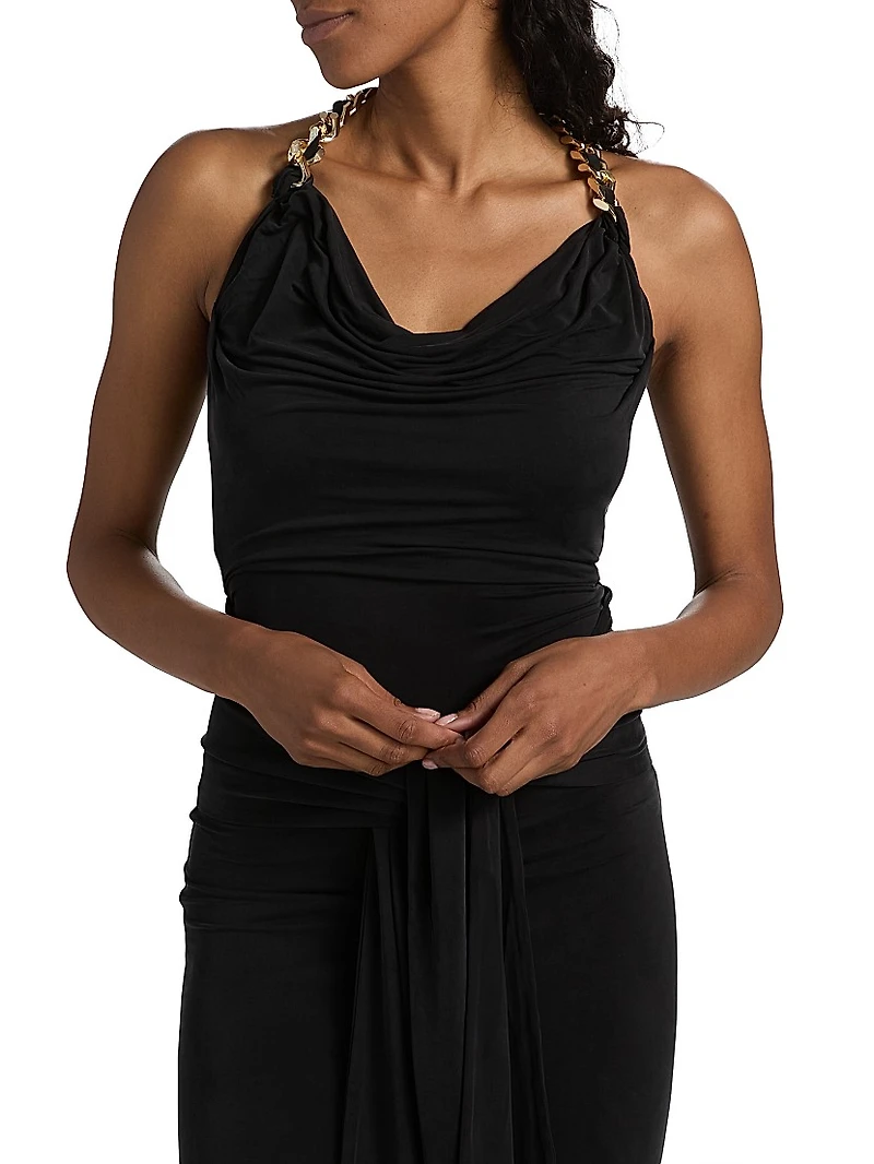 Chain Strap Tie-Waist Halter Gown
