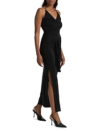 Chain Strap Tie-Waist Halter Gown