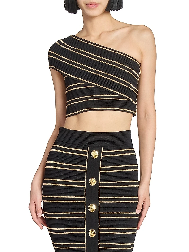 One-Shoulder Piping-Knit Crop Top