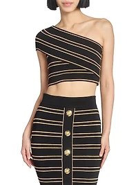 One-Shoulder Piping-Knit Crop Top