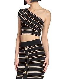 One-Shoulder Piping-Knit Crop Top