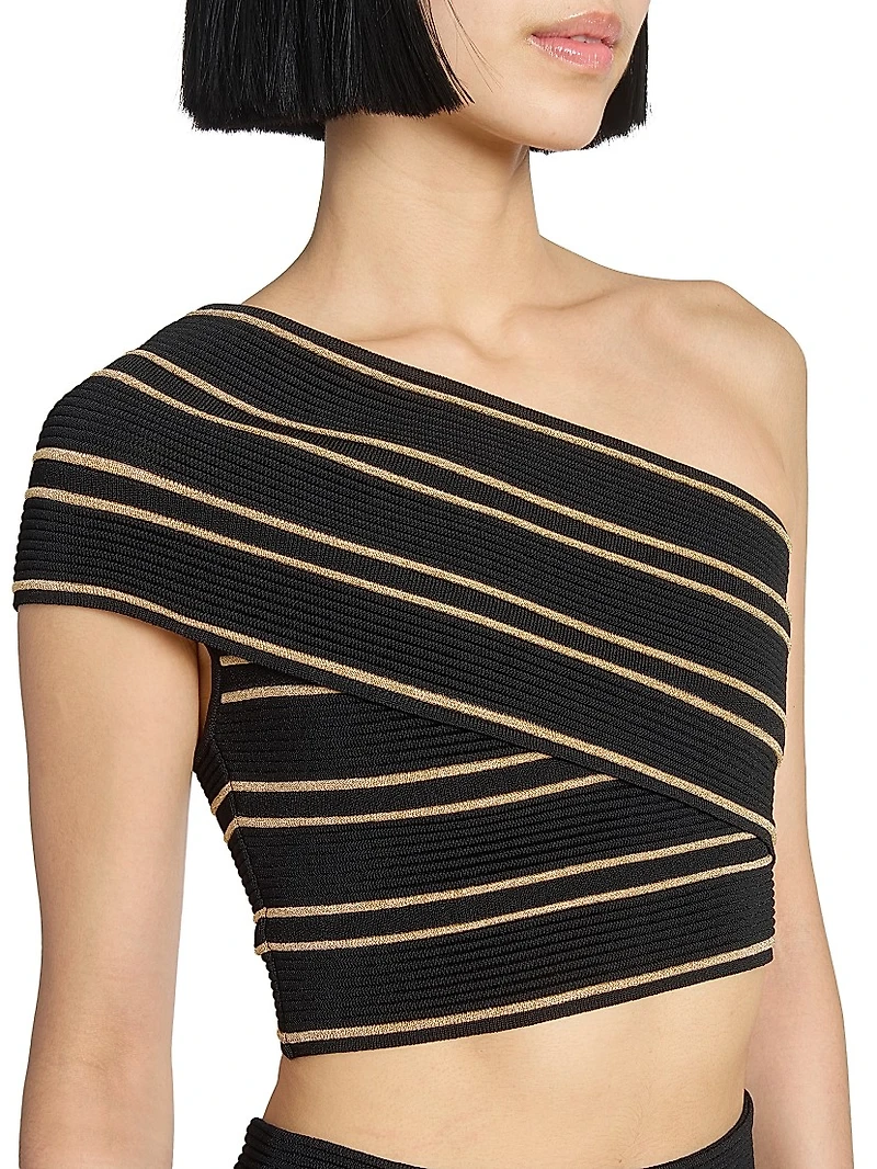 One-Shoulder Piping-Knit Crop Top
