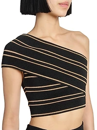 One-Shoulder Piping-Knit Crop Top