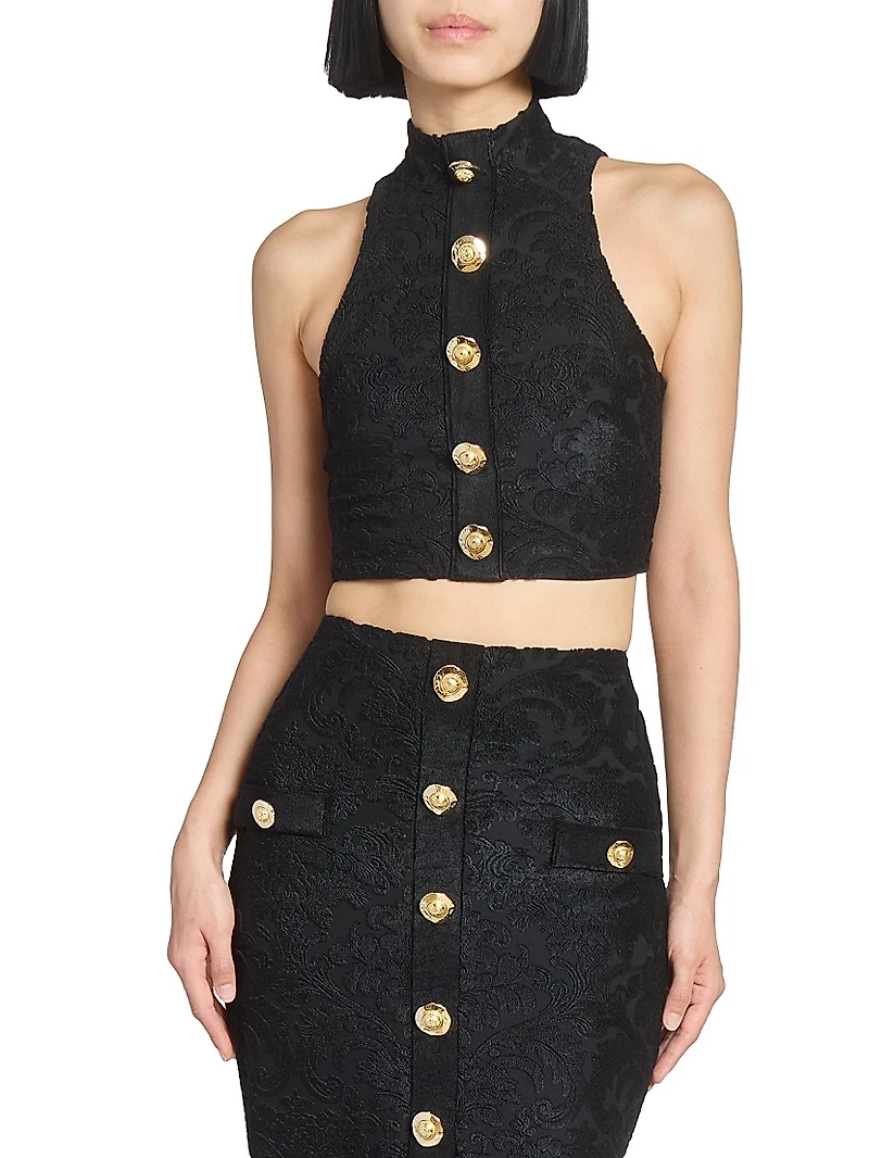 Buttoned Bouclette Baroque Crop Top