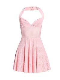 Pleated Knit Halterneck Fit & Flare Minidress