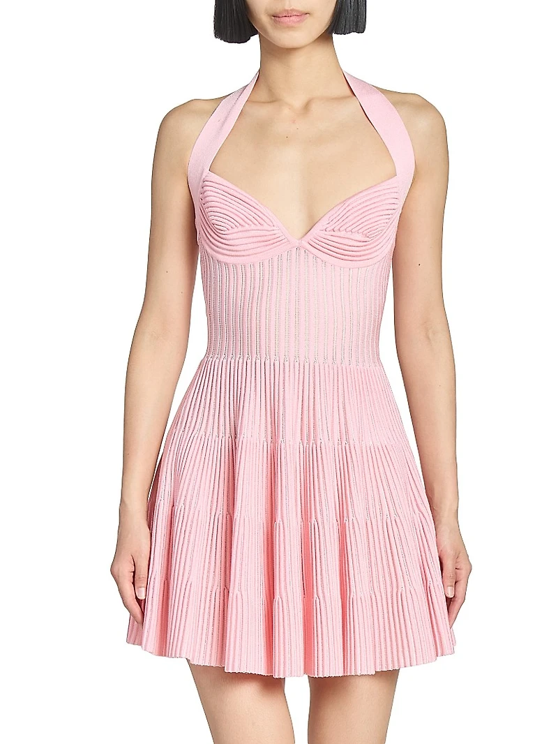 Pleated Knit Halterneck Fit & Flare Minidress