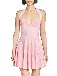 Pleated Knit Halterneck Fit & Flare Minidress