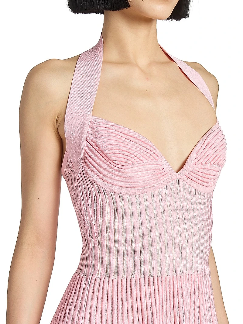 Pleated Knit Halterneck Fit & Flare Minidress