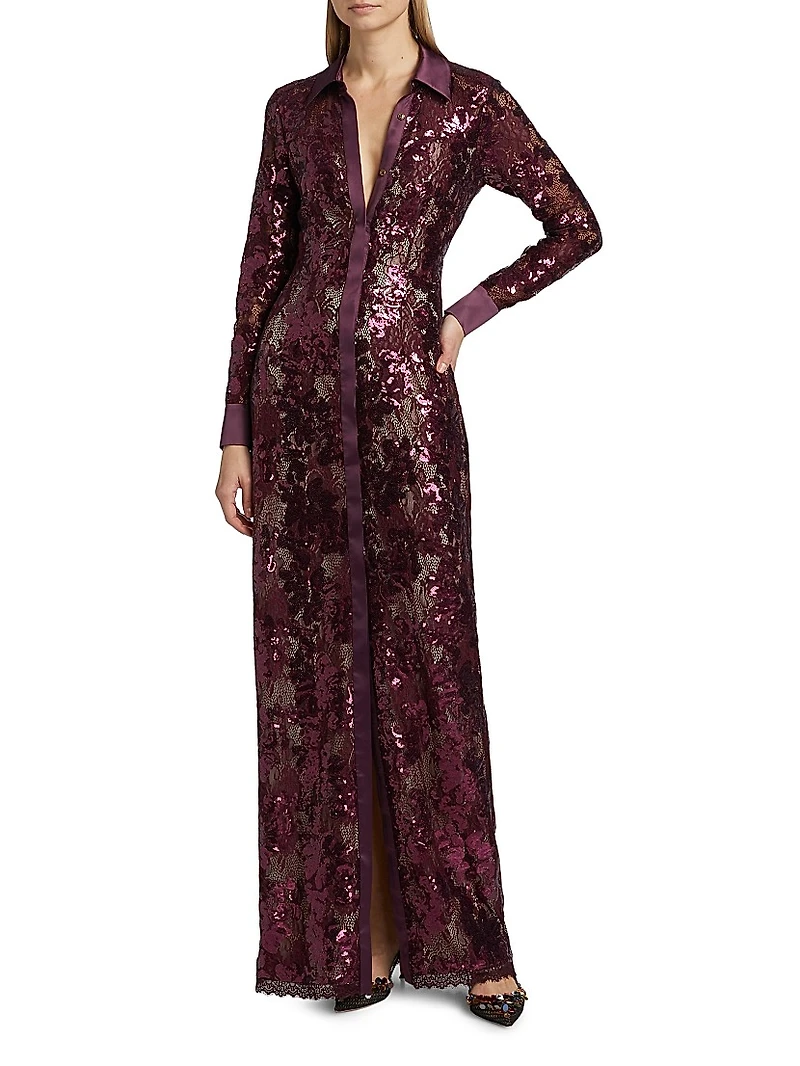 Venia Lace Sequined Shirt Gown