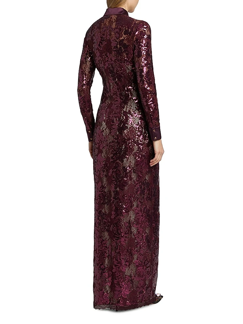 Venia Lace Sequined Shirt Gown