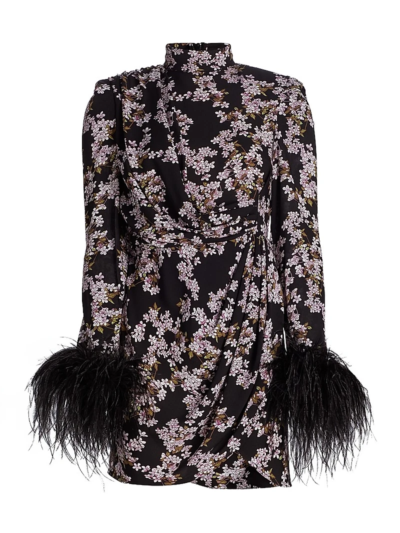 Nadine Floral Feather-Cuff Minidress