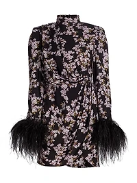 Nadine Floral Feather-Cuff Minidress