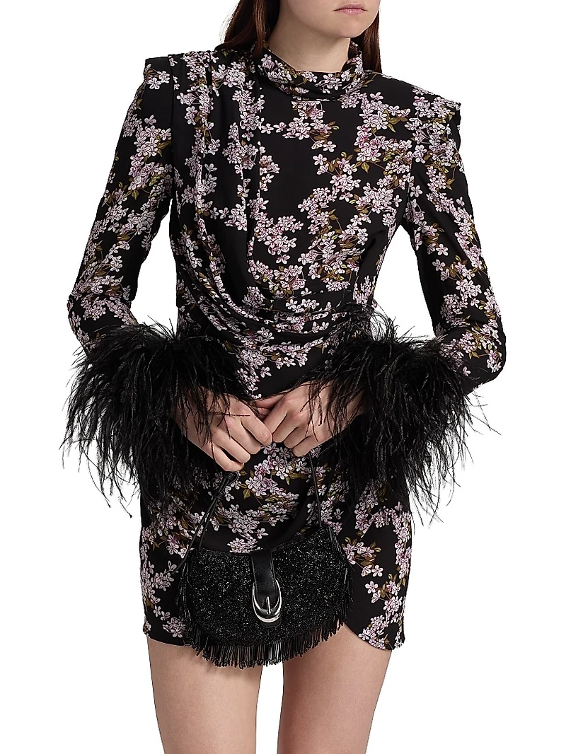 Nadine Floral Feather-Cuff Minidress