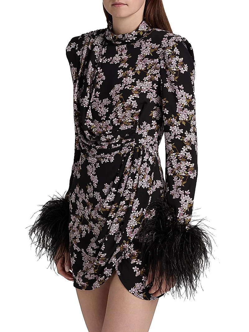 Nadine Floral Feather-Cuff Minidress