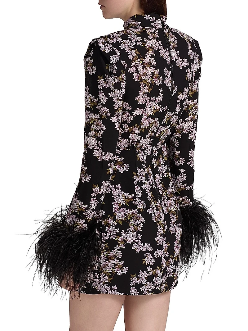 Nadine Floral Feather-Cuff Minidress