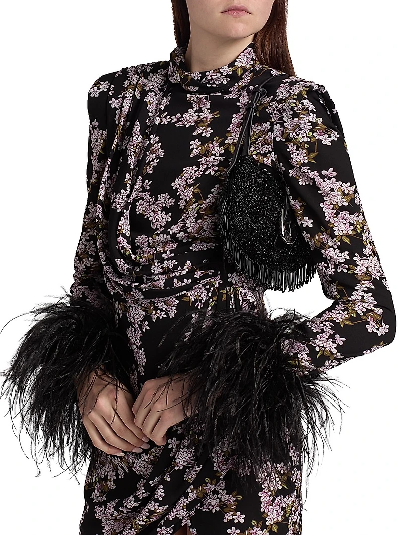 Nadine Floral Feather-Cuff Minidress