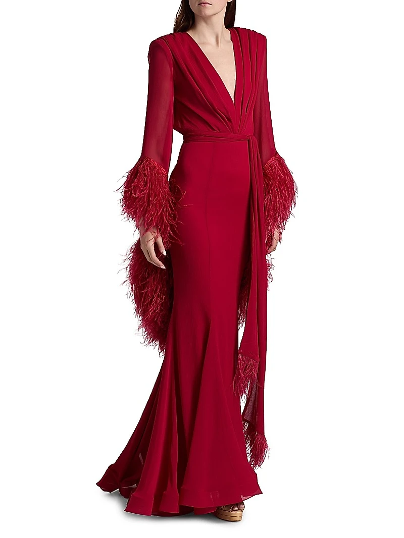 Geisha V-Neck Feather Gown