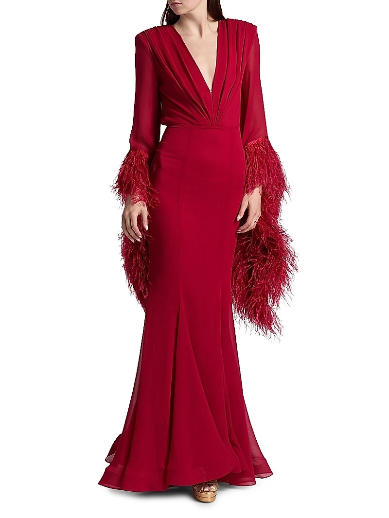 Geisha V-Neck Feather Gown