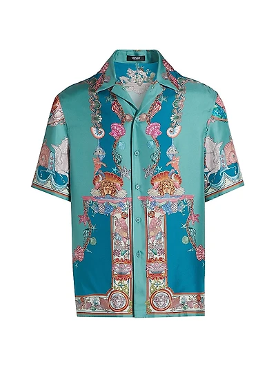 Coral Theater Print Silk Shirt