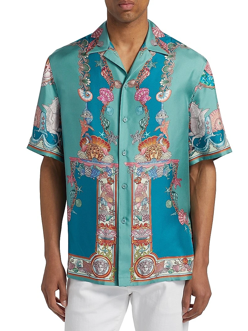 Coral Theater Print Silk Shirt