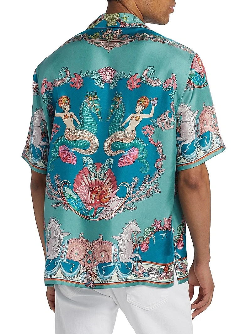 Coral Theater Print Silk Shirt