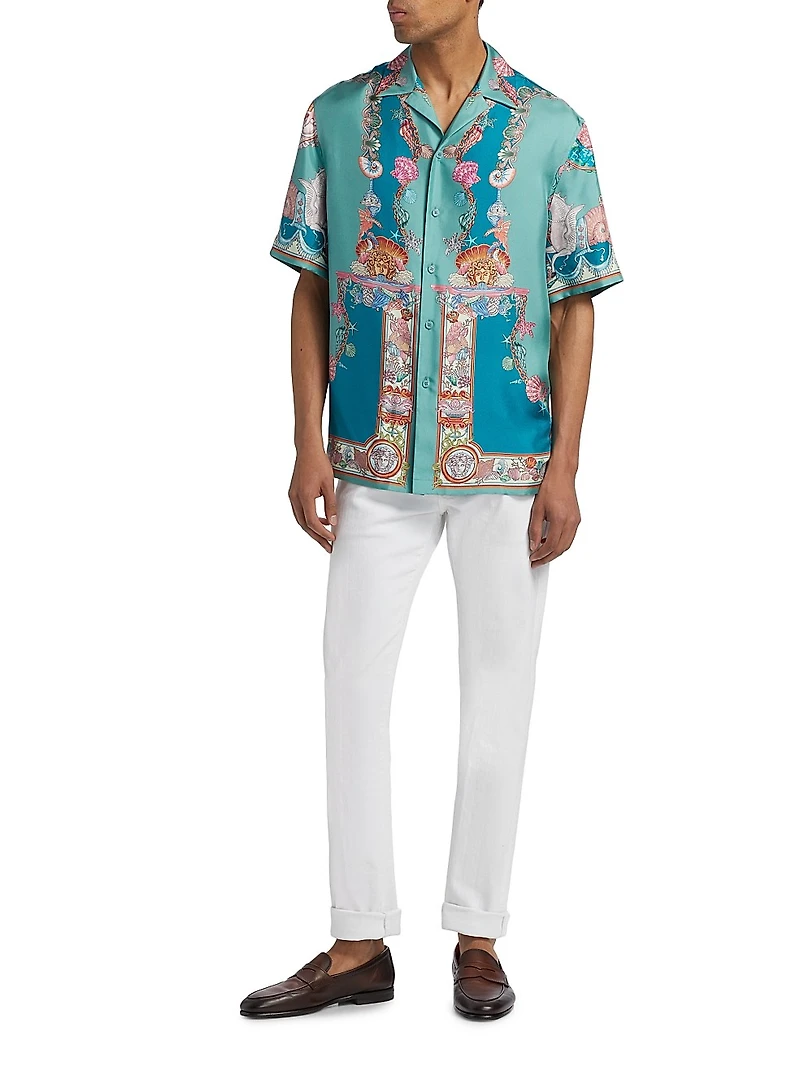 Coral Theater Print Silk Shirt