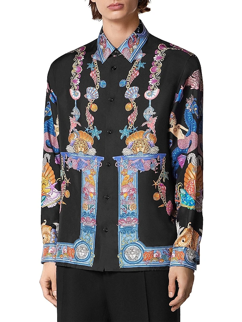Coral Theater Print Silk Shirt