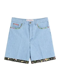 Denim Bermuda Shorts with Floral Print Hem
