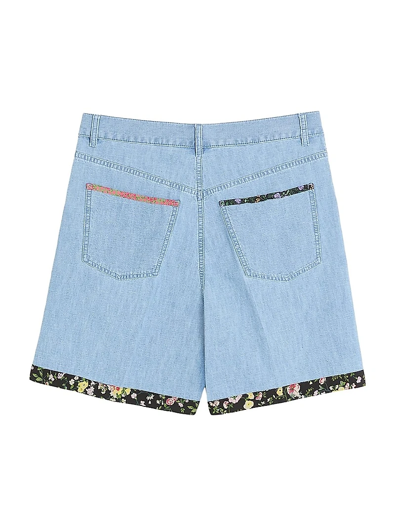 Denim Bermuda Shorts with Floral Print Hem
