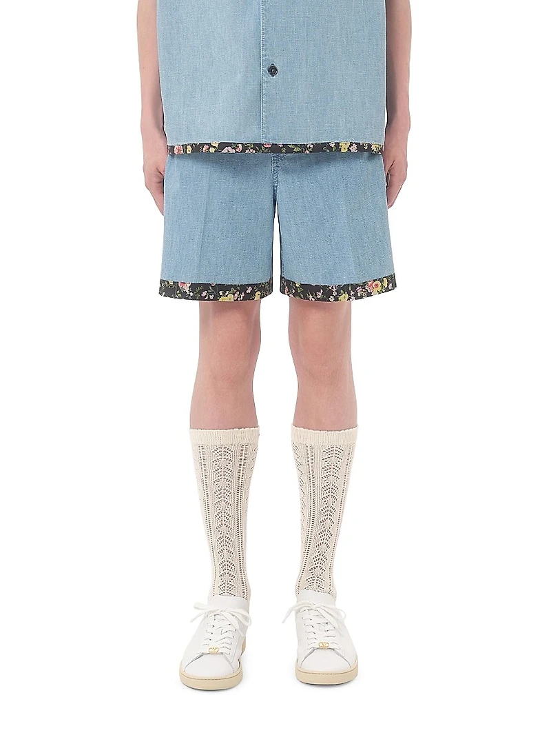 Denim Bermuda Shorts with Floral Print Hem
