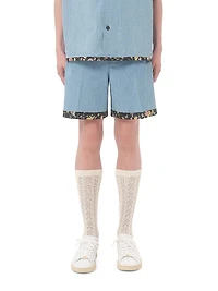 Denim Bermuda Shorts with Floral Print Hem