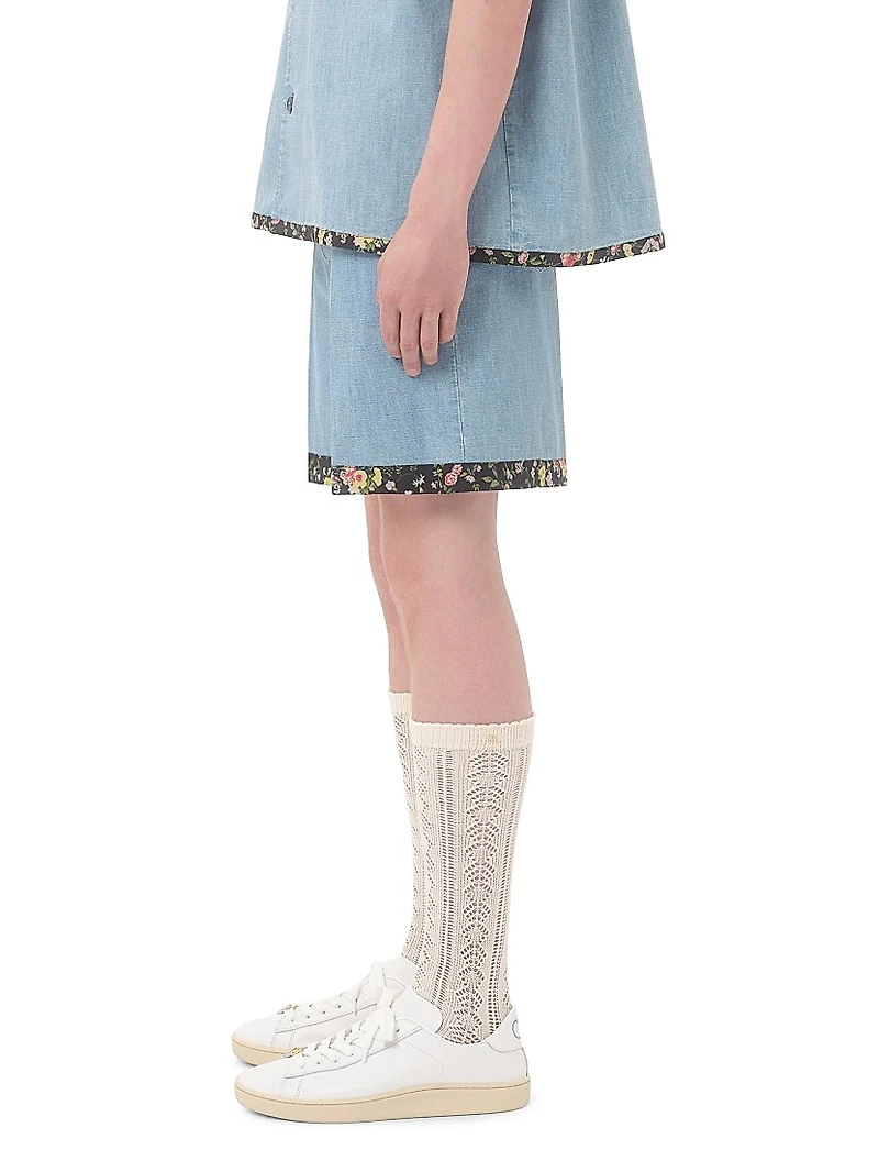 Denim Bermuda Shorts with Floral Print Hem