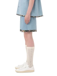 Denim Bermuda Shorts with Floral Print Hem