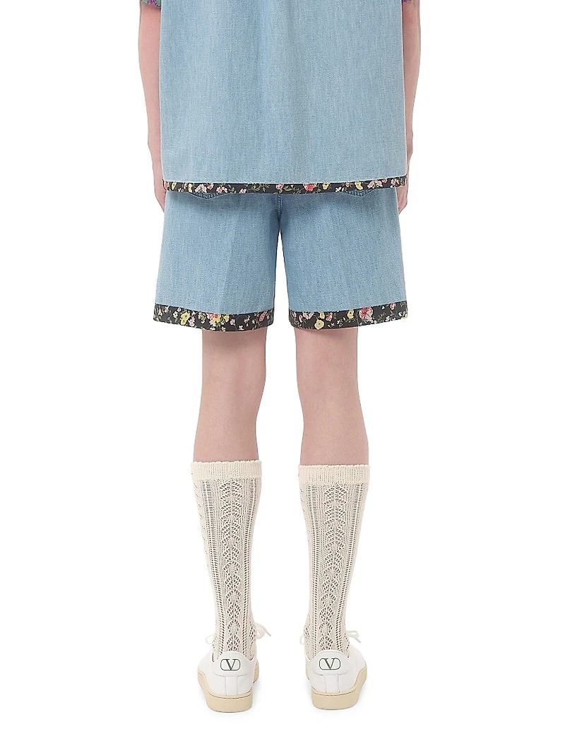 Denim Bermuda Shorts with Floral Print Hem