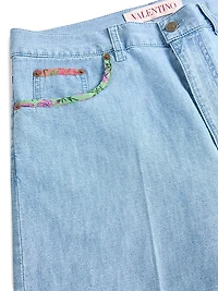 Denim Bermuda Shorts with Floral Print Hem