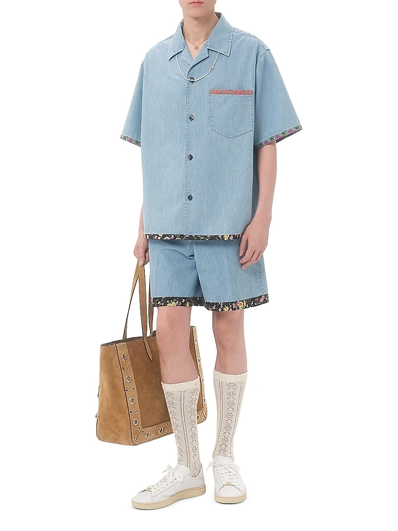 Denim Bermuda Shorts with Floral Print Hem